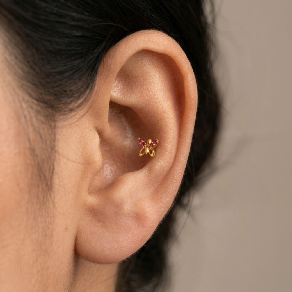 9K Gold Ruby Butterfly Second Stud Earrings