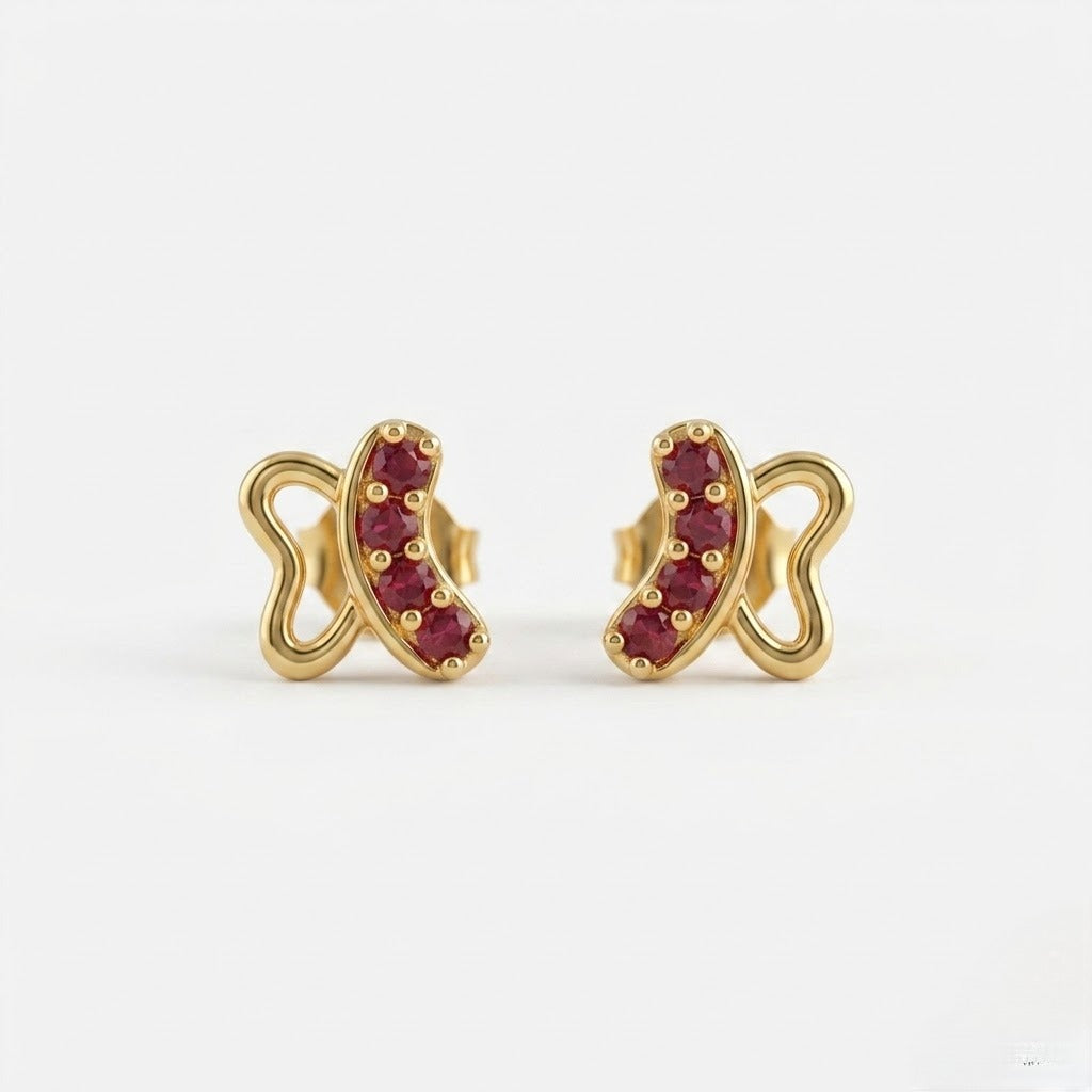 9K Gold Ruby Curve Butterfly Second Stud Earrings