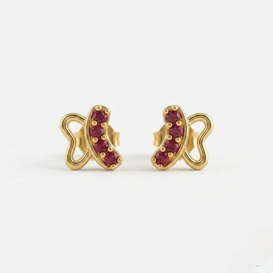 9K Gold Ruby Curve Butterfly Second Stud Earrings