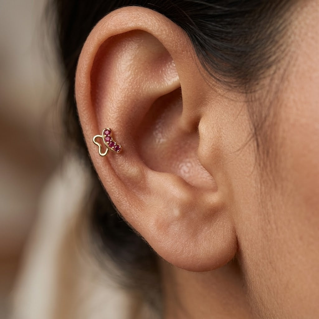 9K Gold Ruby Curve Butterfly Second Stud Earrings