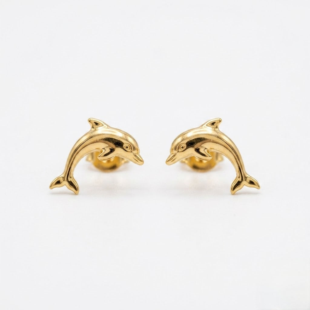 9K Gold Dolphin Charm Second Stud Earrings