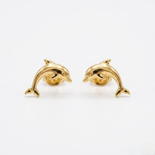 9K Gold Dolphin Charm Second Stud Earrings