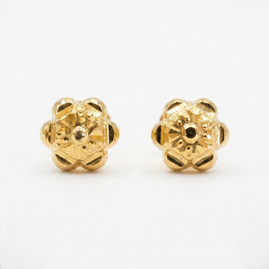 9K Gold Engraved Flower Second Stud Earrings