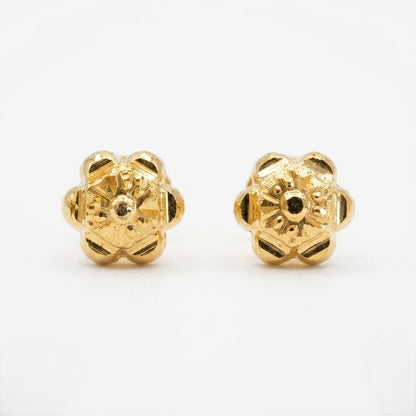9K Gold Engraved Flower Second Stud Earrings