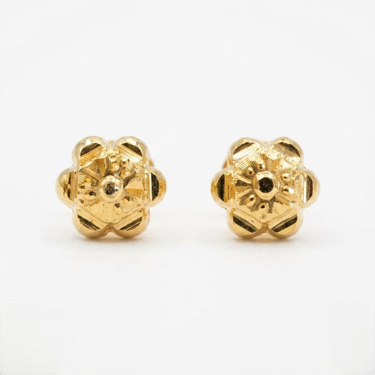 9K Gold Engraved Flower Second Stud Earrings