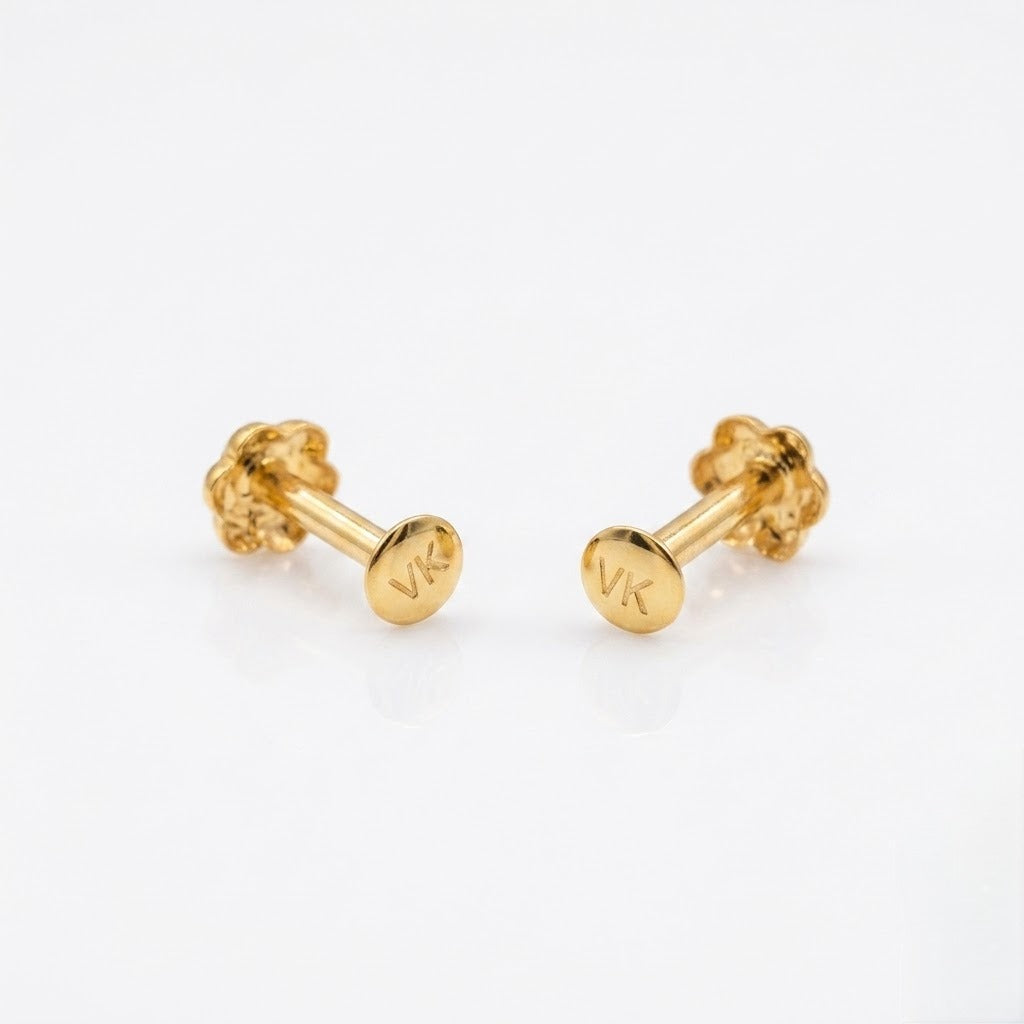 9K Gold Engraved Flower Second Stud Earrings