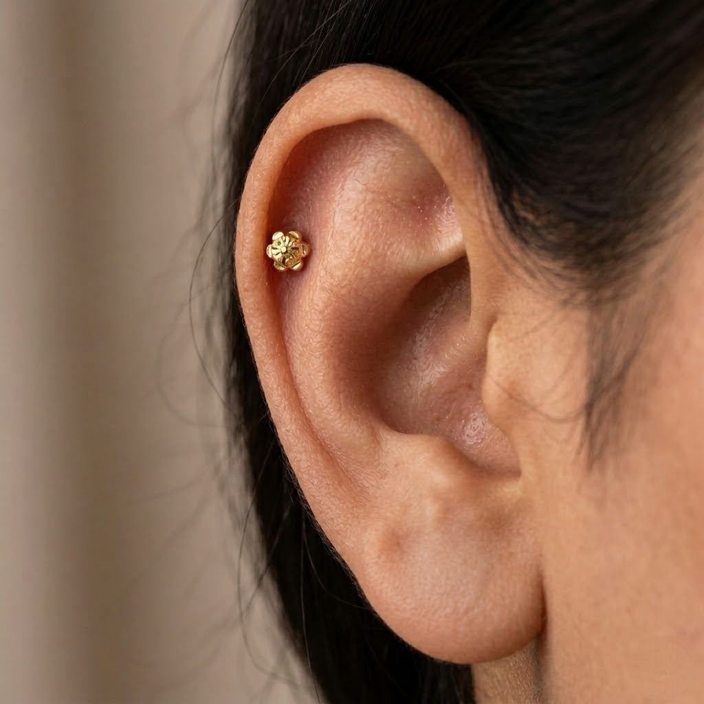 9K Gold Engraved Flower Second Stud Earrings