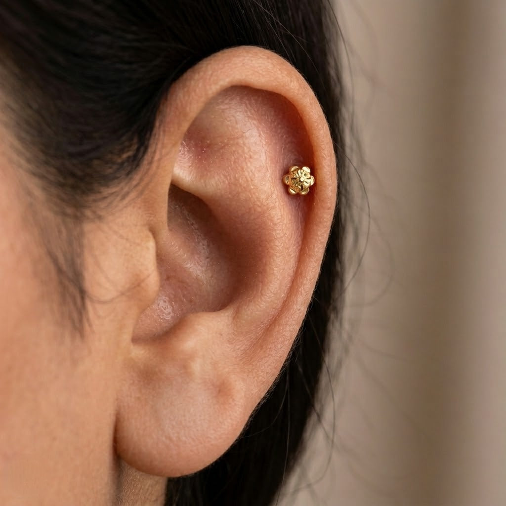 9K Gold Engraved Flower Second Stud Earrings