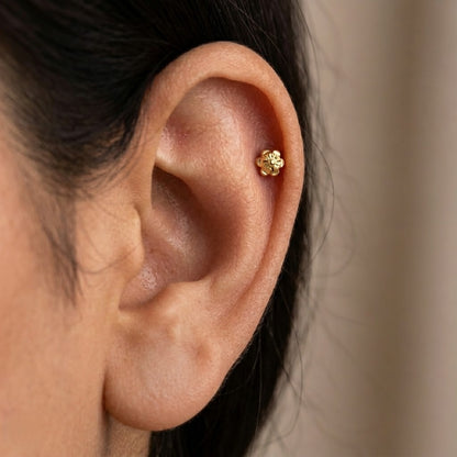 9K Gold Engraved Flower Second Stud Earrings