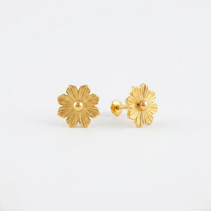 9K Gold Textured Daisy Second Stud Earrings