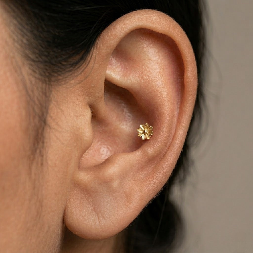 9K Gold Textured Daisy Second Stud Earrings