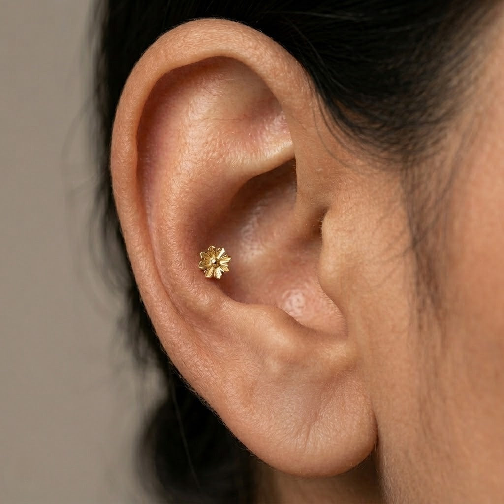 9K Gold Textured Daisy Second Stud Earrings