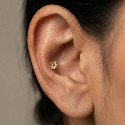 9K Gold Textured Daisy Second Stud Earrings