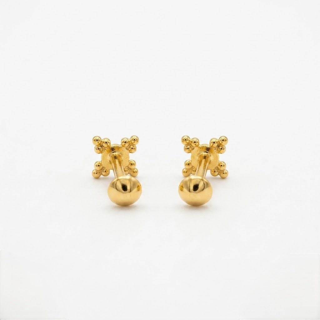 9K Gold Beaded Cross Second Stud Earrings