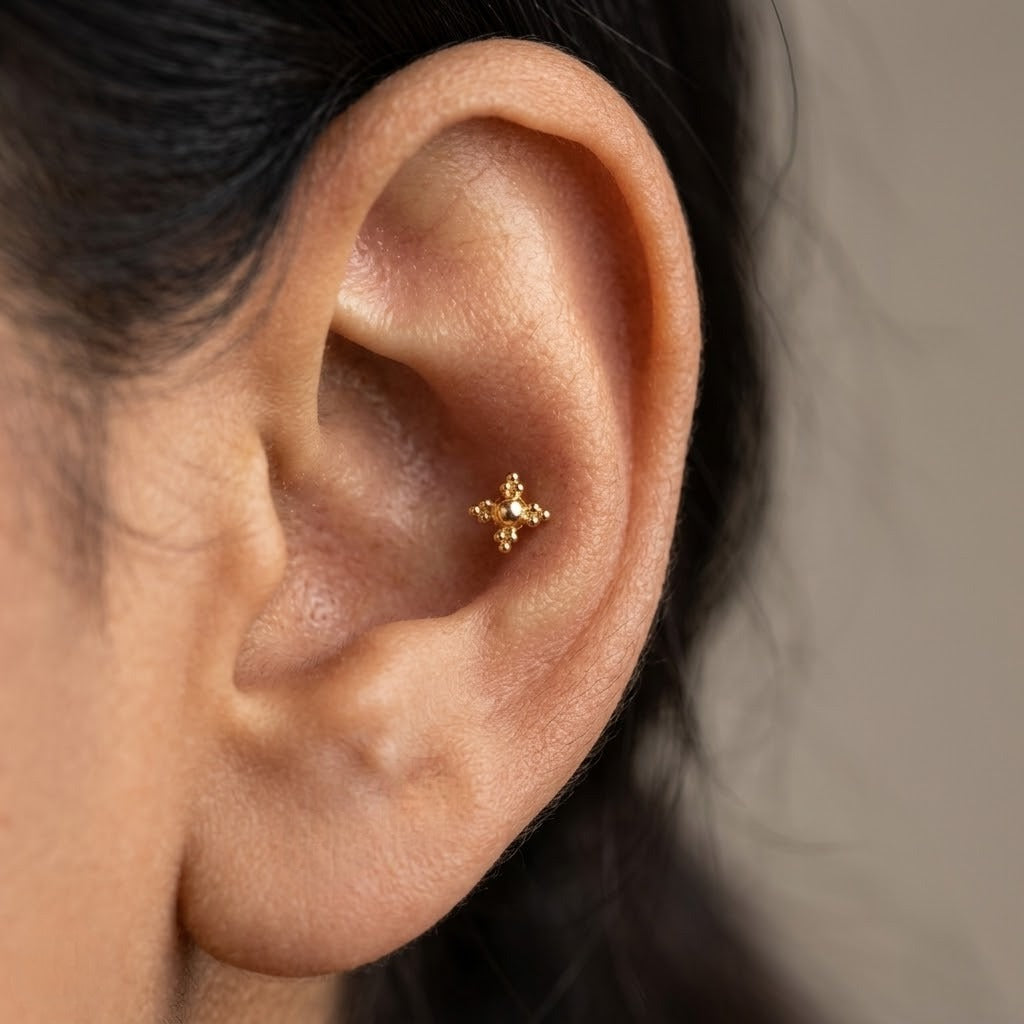 9K Gold Beaded Cross Second Stud Earrings