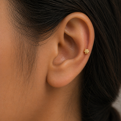 9K Gold Textured Starflower Second Stud Earrings