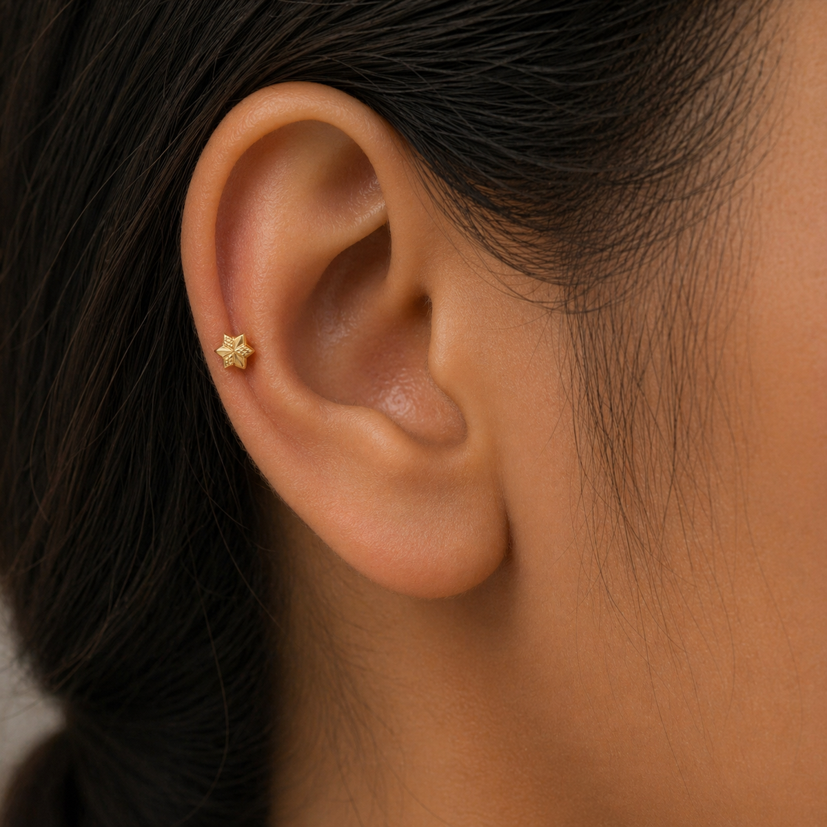 9K Gold Textured Starflower Second Stud Earrings
