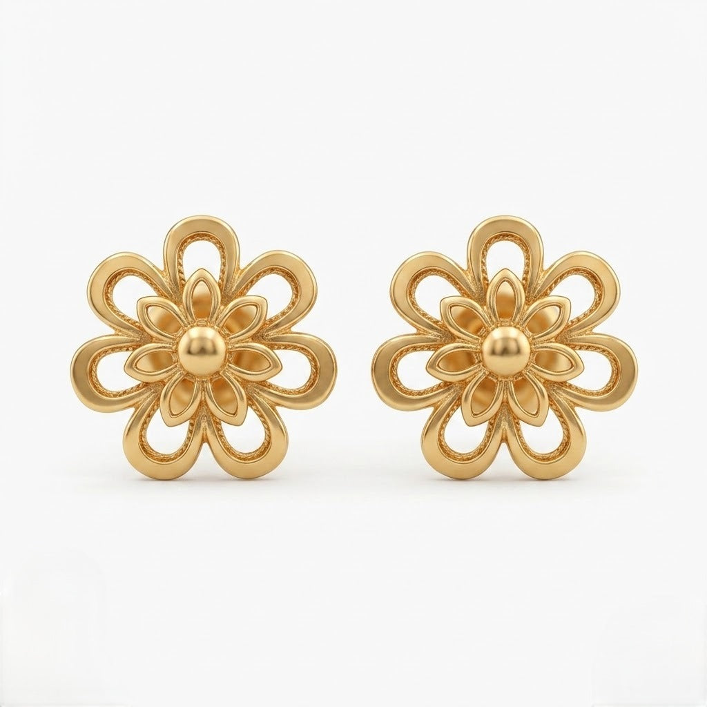 9K Gold Layered Lotus Bloom Second Stud Earrings