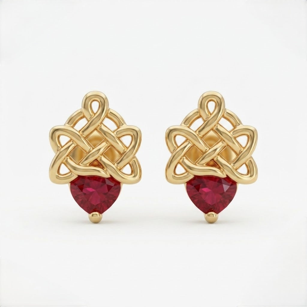 9K Gold Ruby Knot Charm Second Stud Earrings