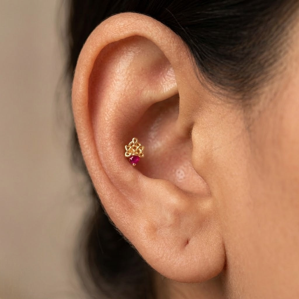 9K Gold Ruby Knot Charm Second Stud Earrings