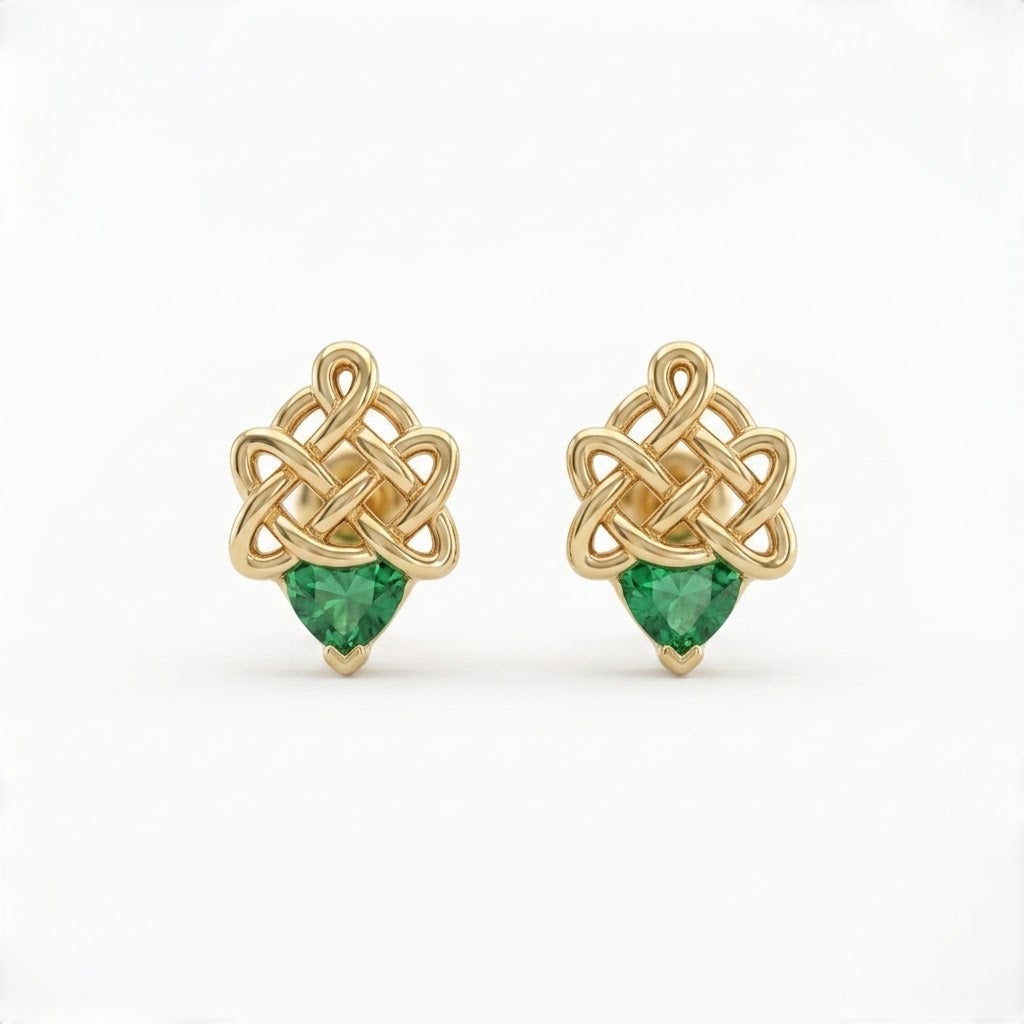 9K Gold Emerald Knot Treasure Second Stud Earrings