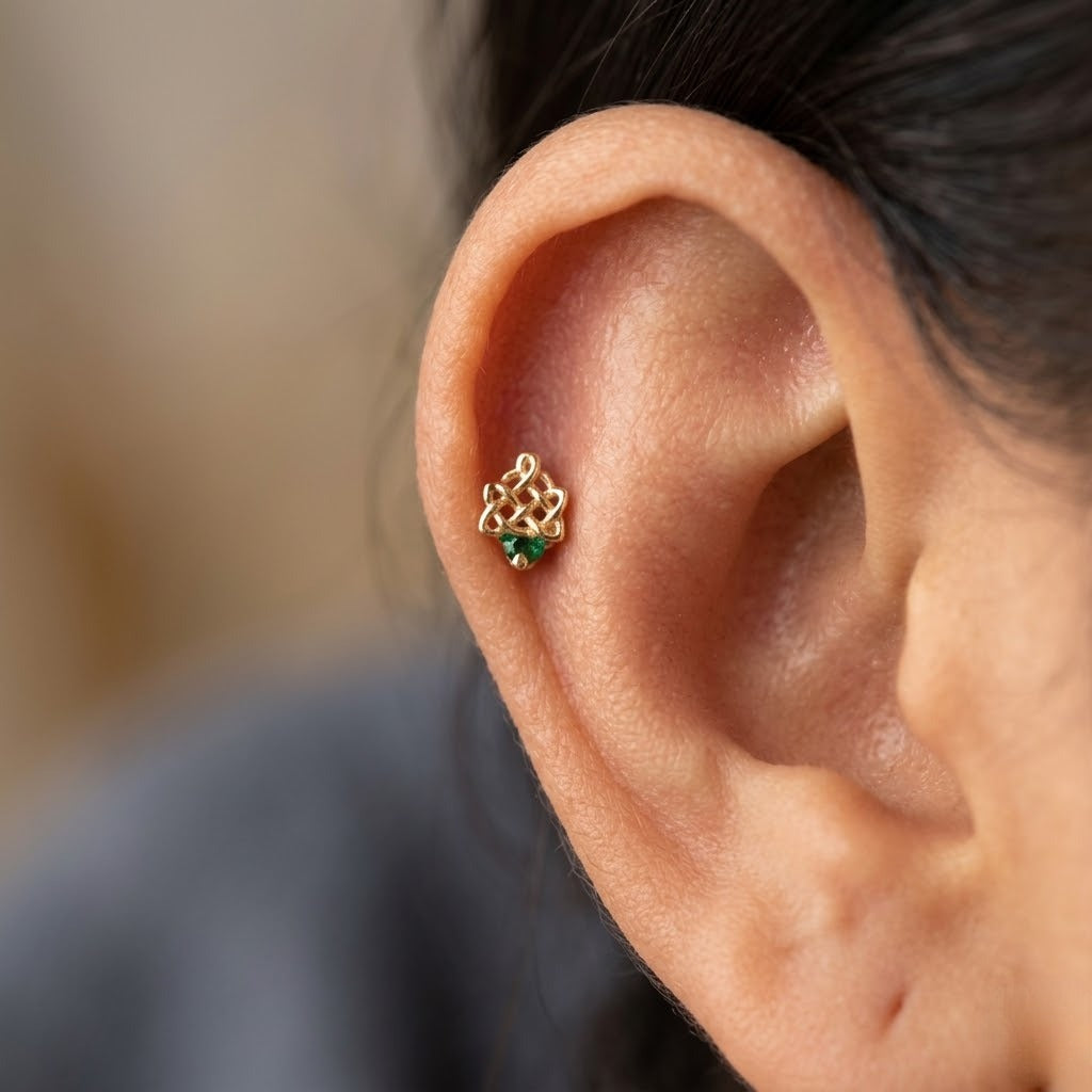 9K Gold Emerald Knot Treasure Second Stud Earrings
