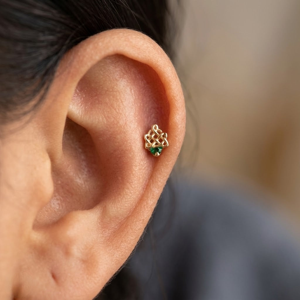 9K Gold Emerald Knot Treasure Second Stud Earrings