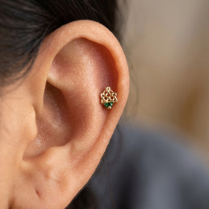 9K Gold Emerald Knot Treasure Second Stud Earrings
