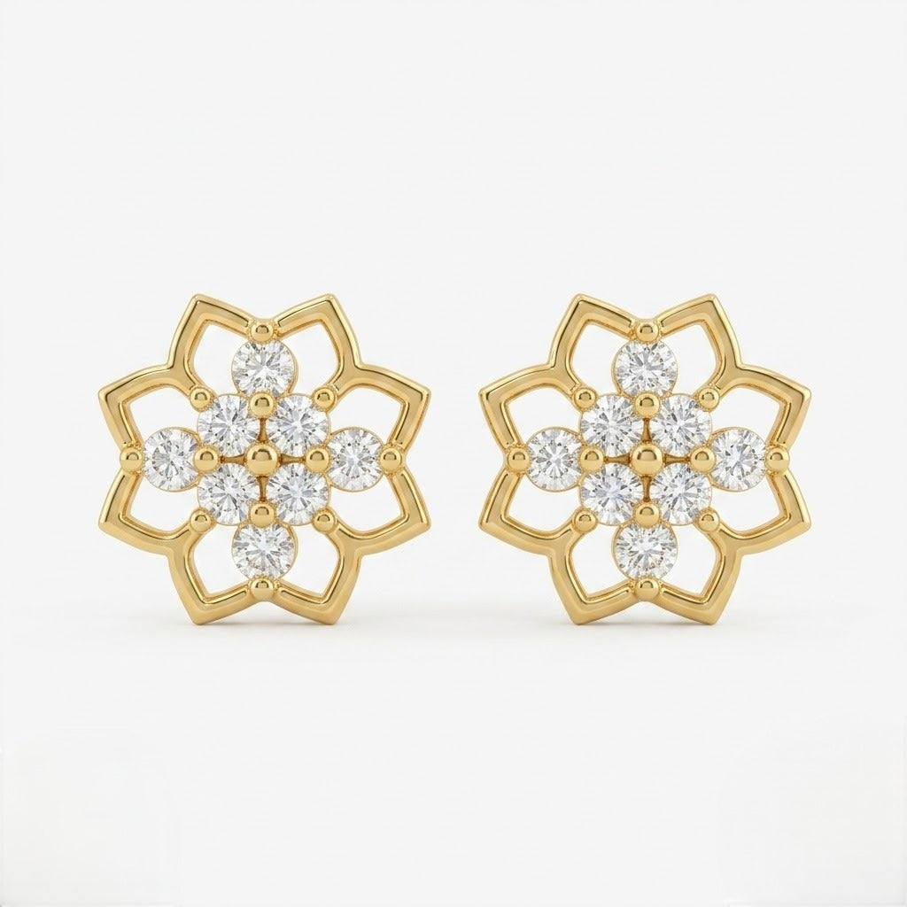 9K Gold White Stone Lotus Frame Second Stud Earrings