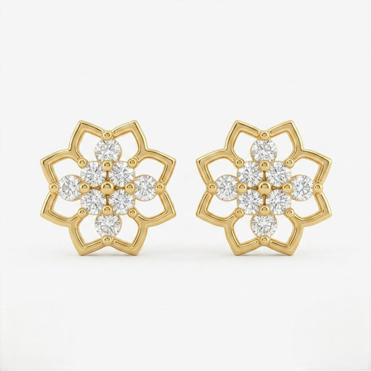 9K Gold White Stone Lotus Frame Second Stud Earrings