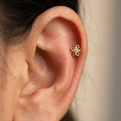 9K Gold White Stone Lotus Frame Second Stud Earrings