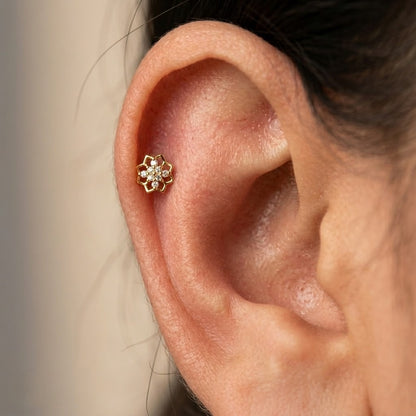 9K Gold White Stone Lotus Frame Second Stud Earrings