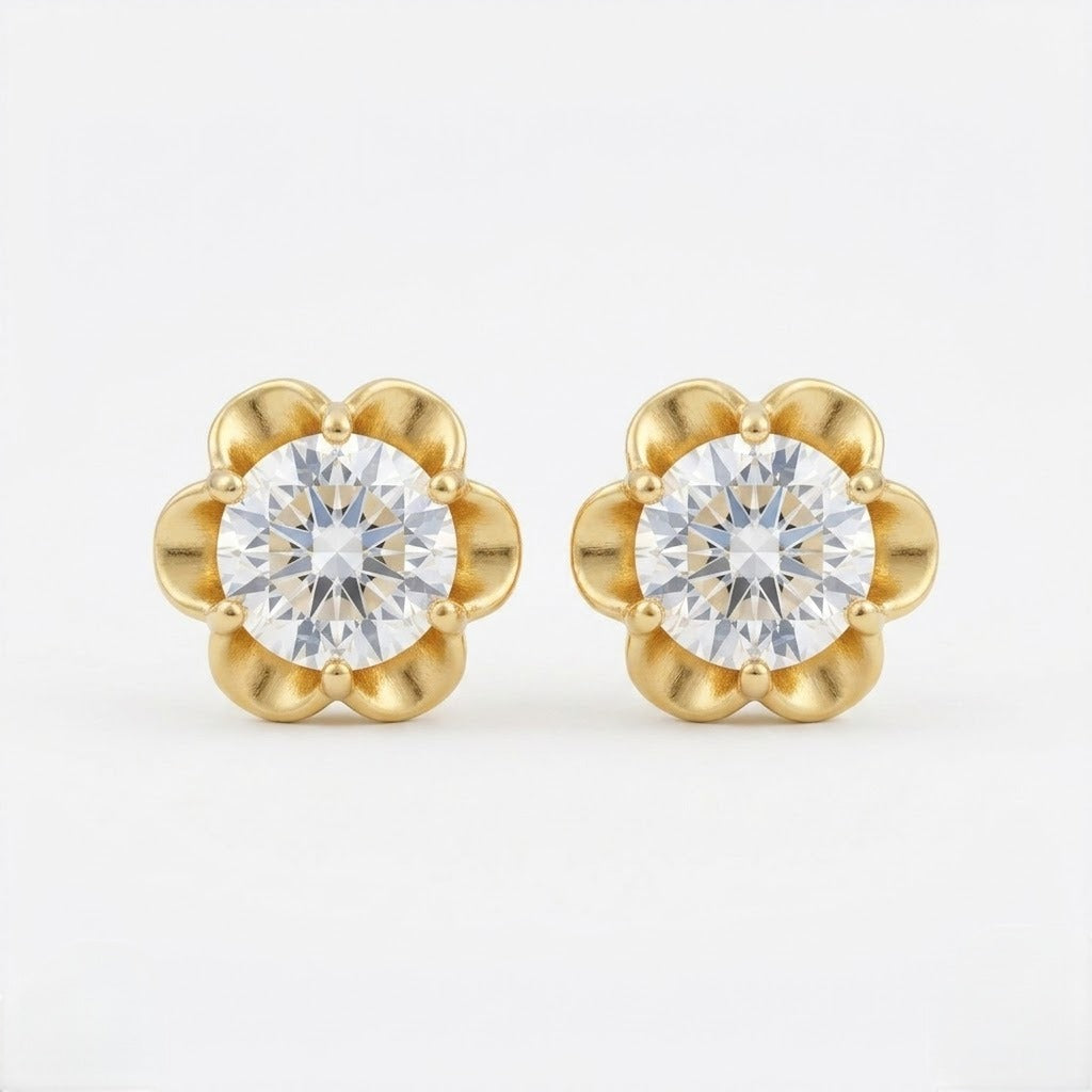 9K Gold Solitaire Flower Second Stud Earrings