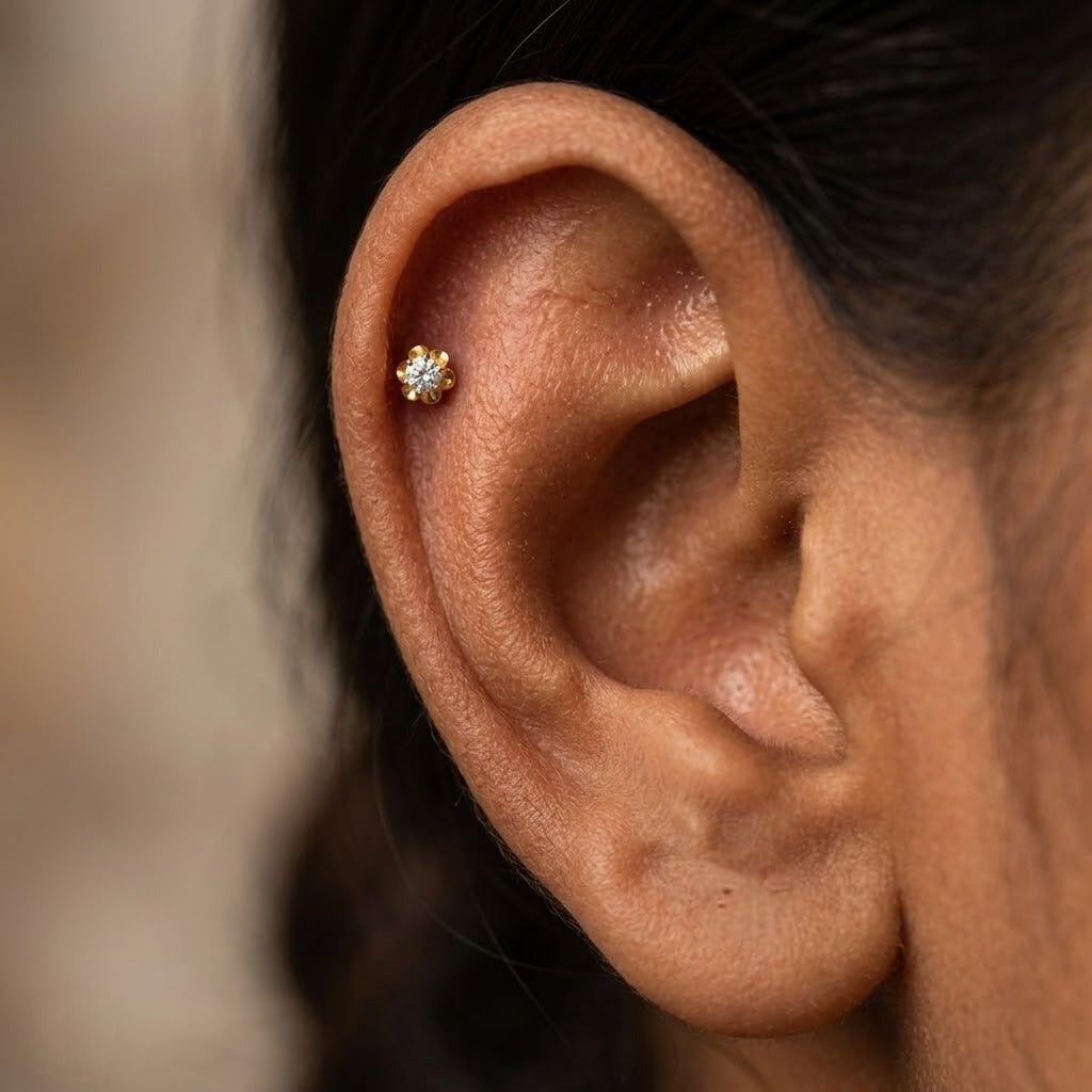 9K Gold Solitaire Flower Second Stud Earrings