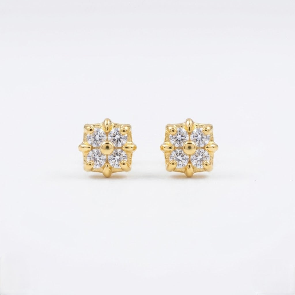 9K Gold Square Crystal Flower Second Stud Earrings