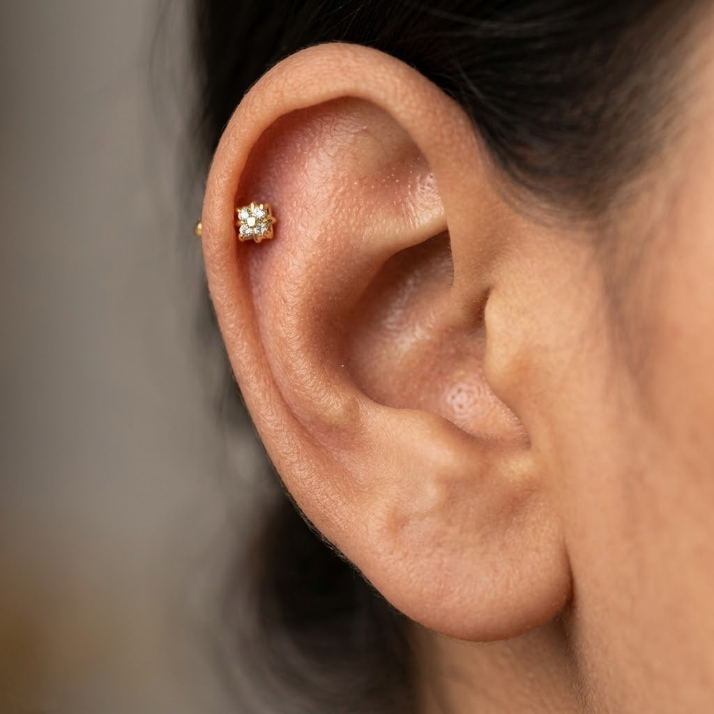 9K Gold Square Crystal Flower Second Stud Earrings