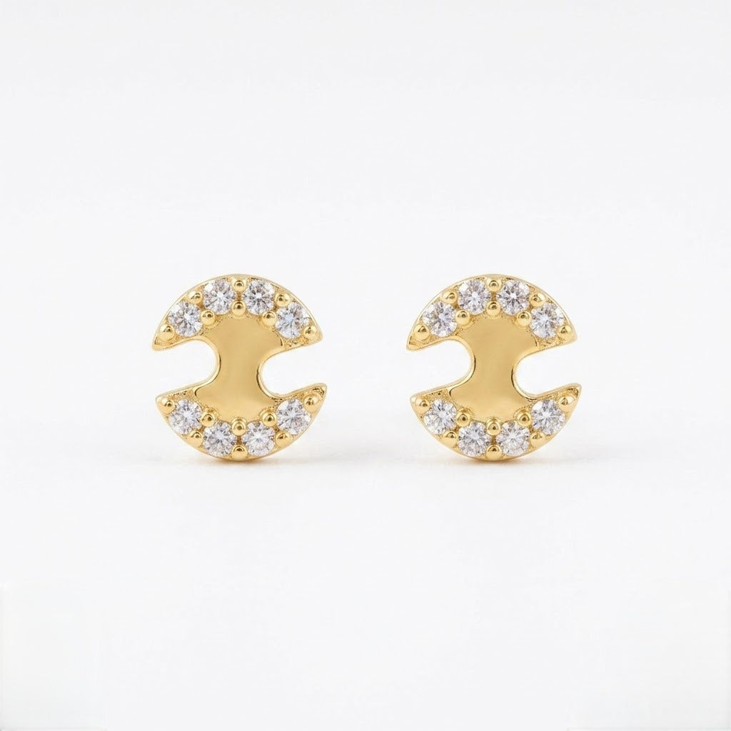 9K Gold White Stone Crescent Second Stud Earrings
