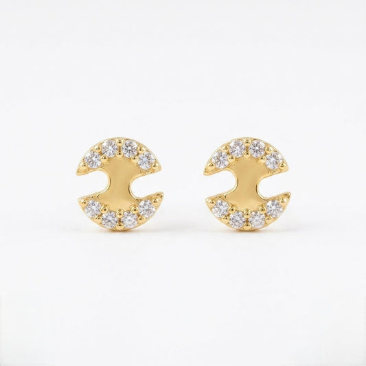 9K Gold White Stone Crescent Second Stud Earrings
