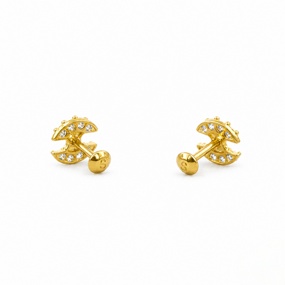 9K Gold White Stone Crescent Second Stud Earrings