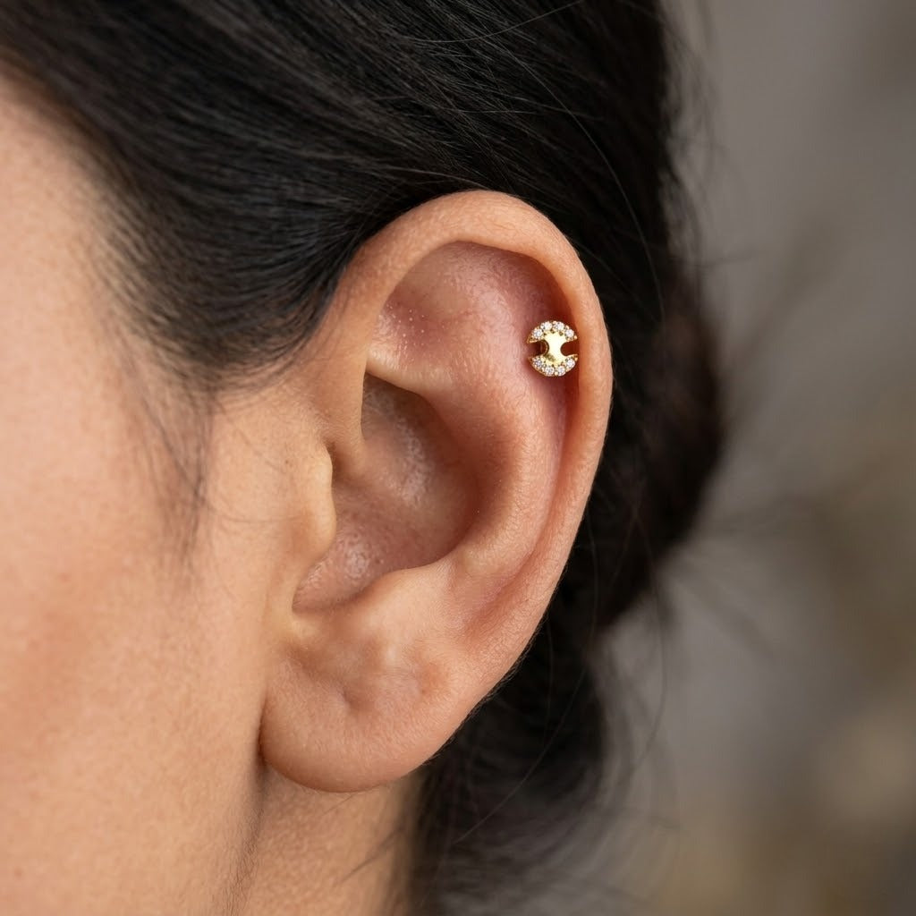 9K Gold White Stone Crescent Second Stud Earrings