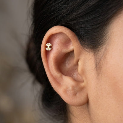 9K Gold White Stone Crescent Second Stud Earrings