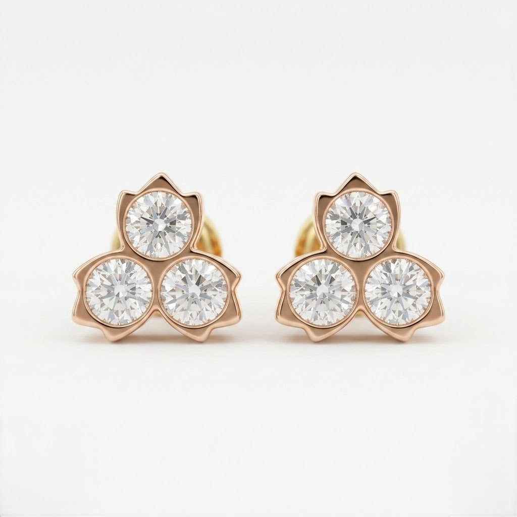 9K Gold Rose Tone Triple Solitaire Flower Second Stud Earrings