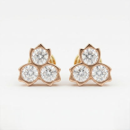 9K Gold Rose Tone Triple Solitaire Flower Second Stud Earrings