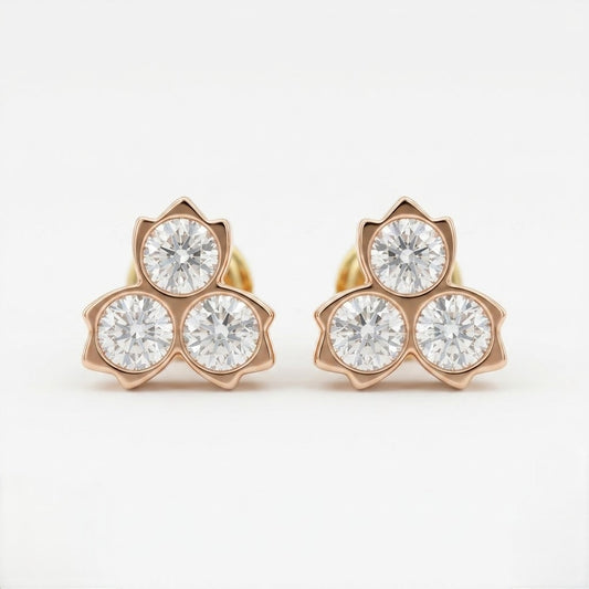 9K Gold Rose Tone Triple Solitaire Flower Second Stud Earrings