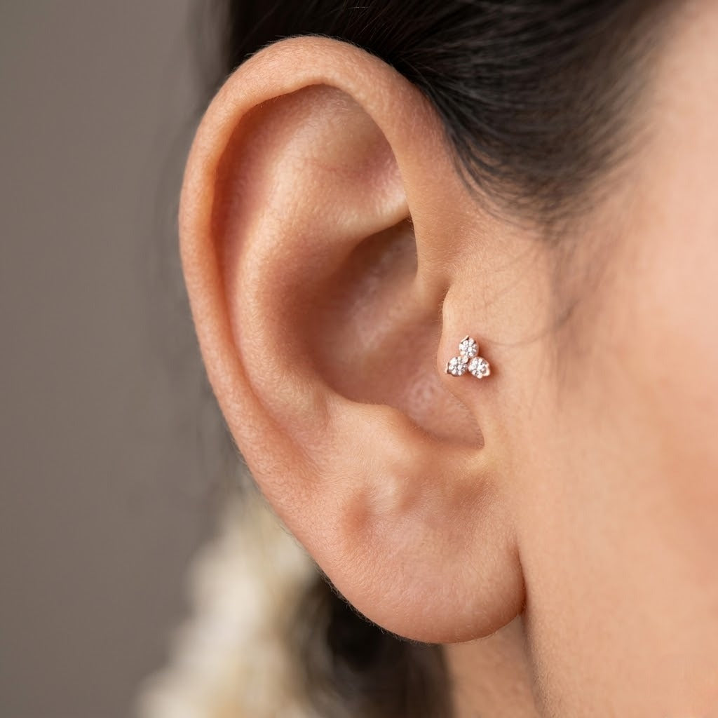 9K Gold Rose Tone Triple Solitaire Flower Second Stud Earrings