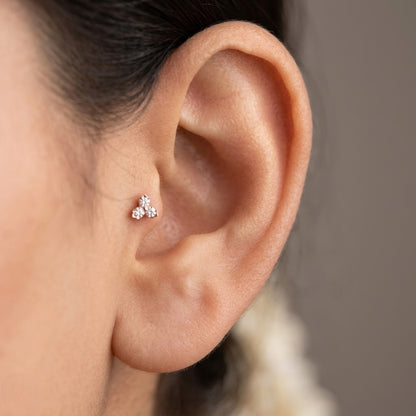 9K Gold Rose Tone Triple Solitaire Flower Second Stud Earrings