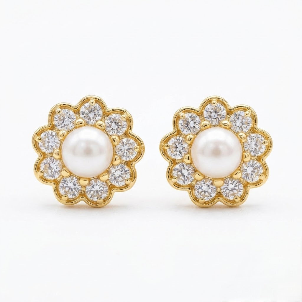 9K Gold Pearl Floral Halo Second Stud Earrings