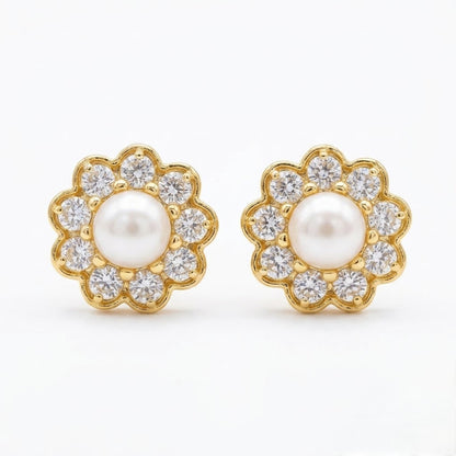 9K Gold Pearl Floral Halo Second Stud Earrings