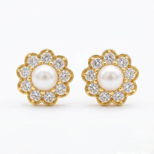 9K Gold Pearl Floral Halo Second Stud Earrings