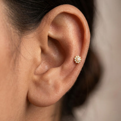 9K Gold Pearl Floral Halo Second Stud Earrings